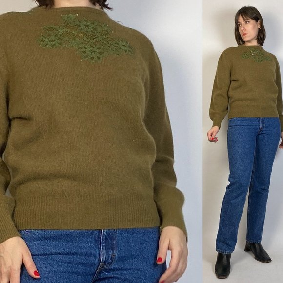 Vintage 80s Olive Green Wool & ANGORA! Medium - Picture 1 of 7